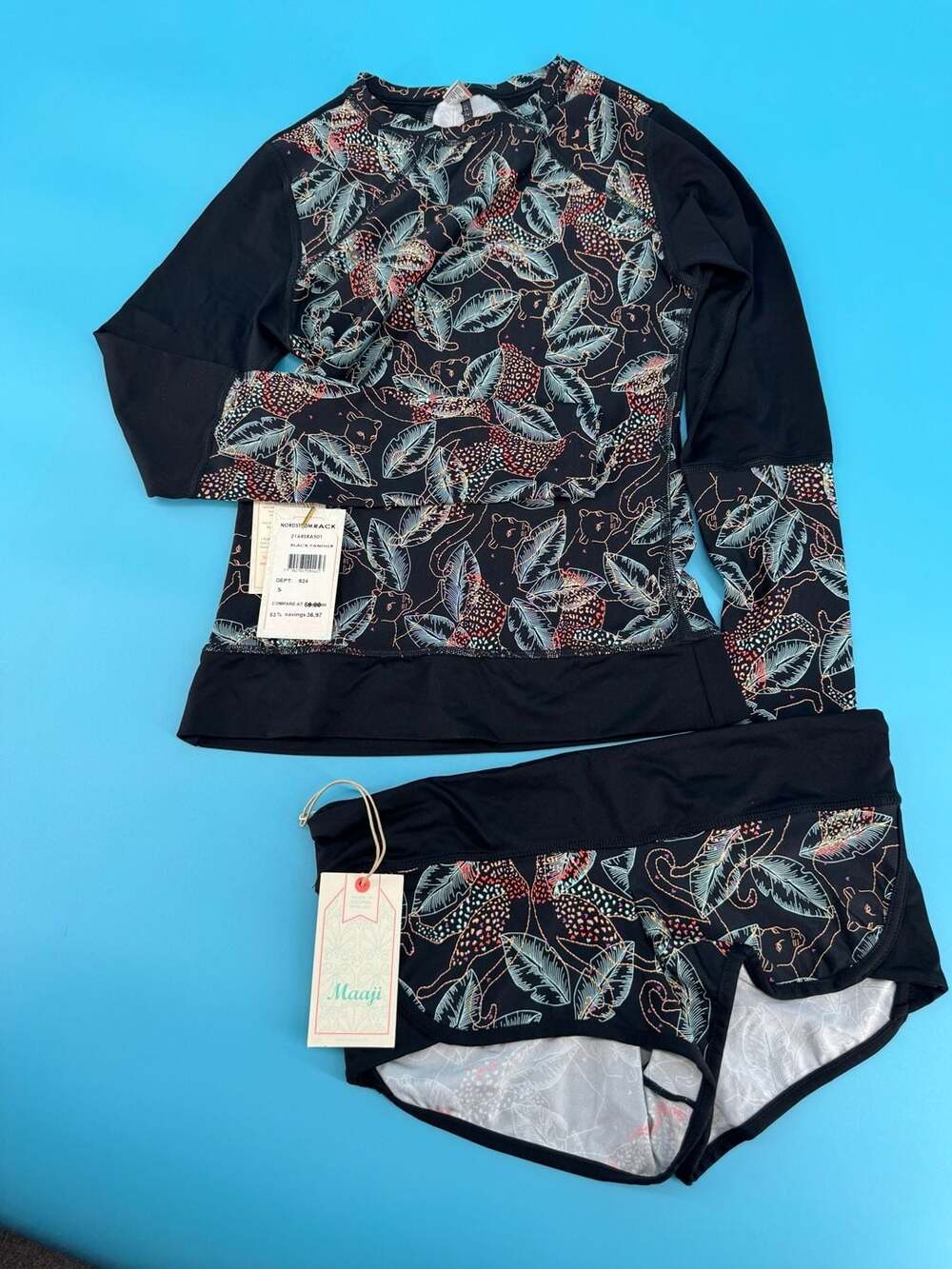 Maaji Black Panther Long Sleeve Rashguard Swim Top and Shorts Set Size S - Picture 2 of 5